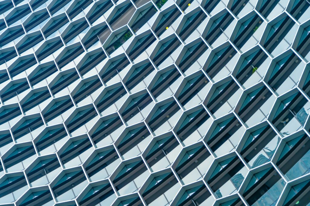 Office buildings windows. Glass architecture facade design with reflection